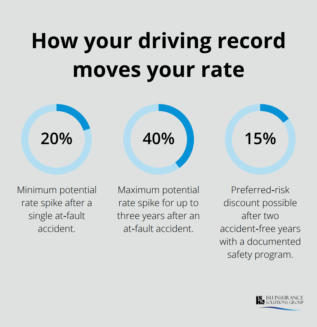 Percentage chart highlighting rate spikes from at-fault accidents and potential preferred-risk discounts.