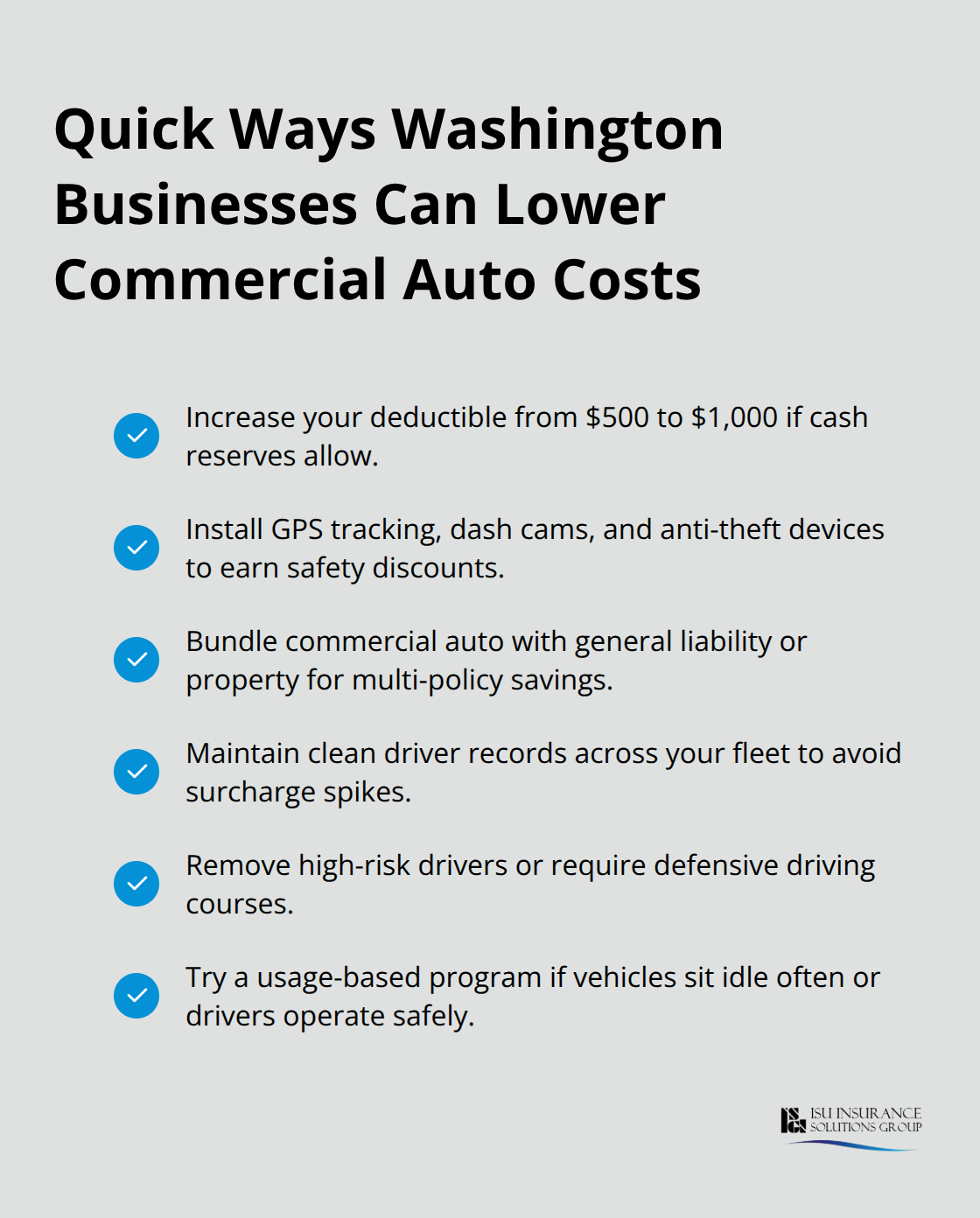Checklist of practical steps Washington businesses can take to reduce commercial auto insurance premiums. - Commercial auto insurance Washington