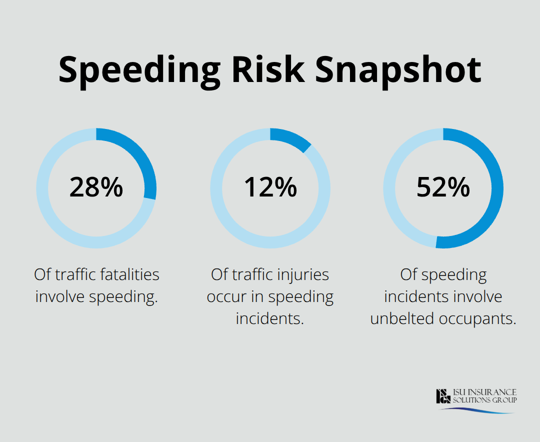 Chart showing the share of fatalities, injuries, and unbelted involvement in speeding incidents - Commercial auto insurance quotes