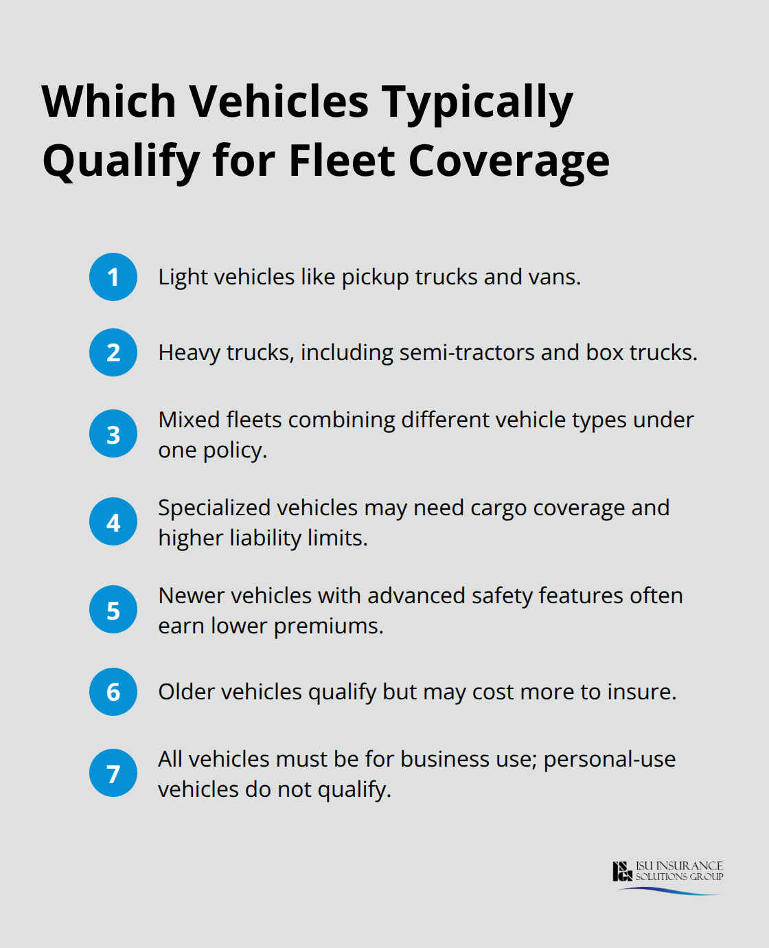 Compact list of vehicle eligibility points for commercial fleet insurance.