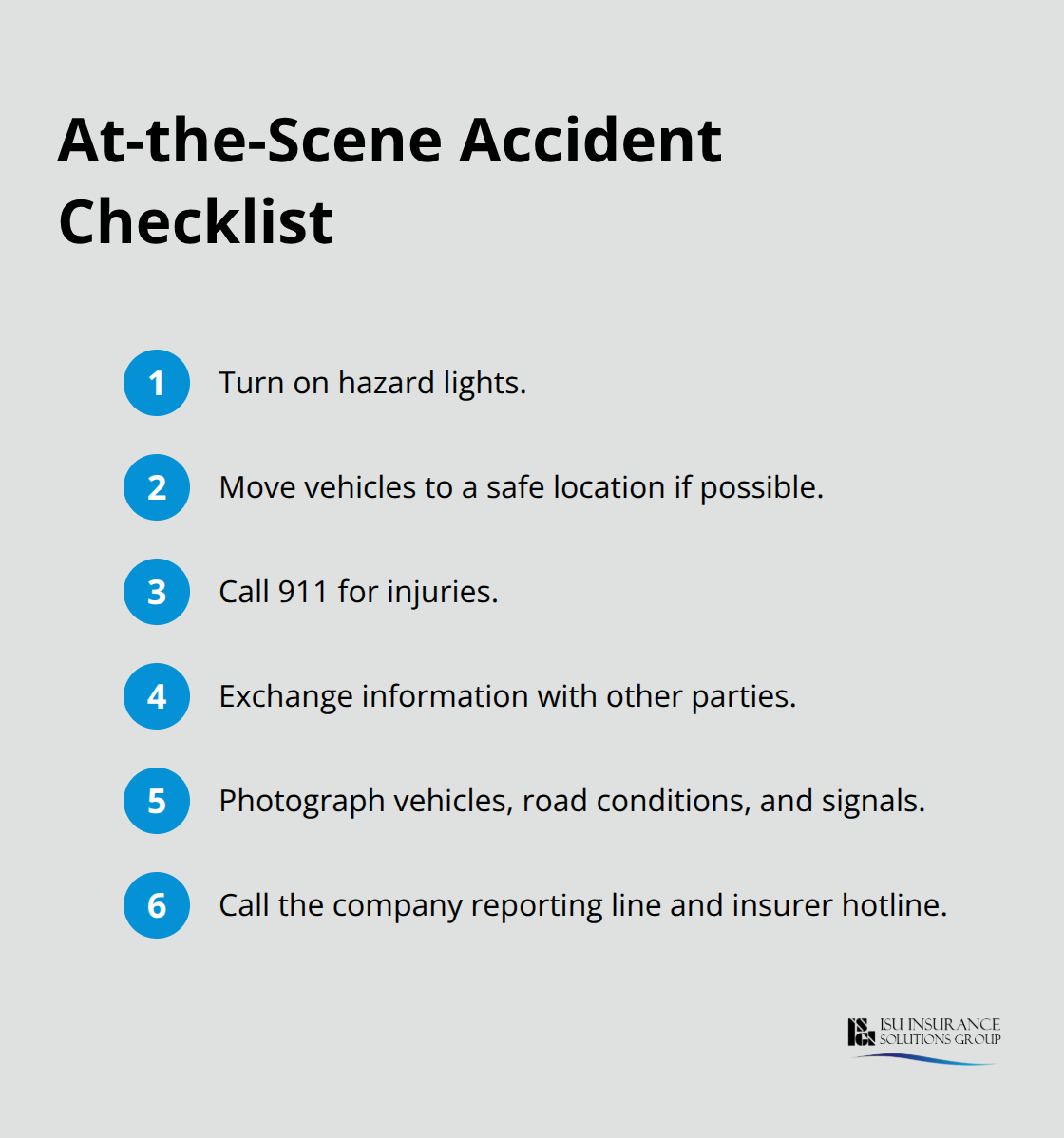 Compact checklist of immediate steps drivers should take after an accident. - Fleet auto insurance