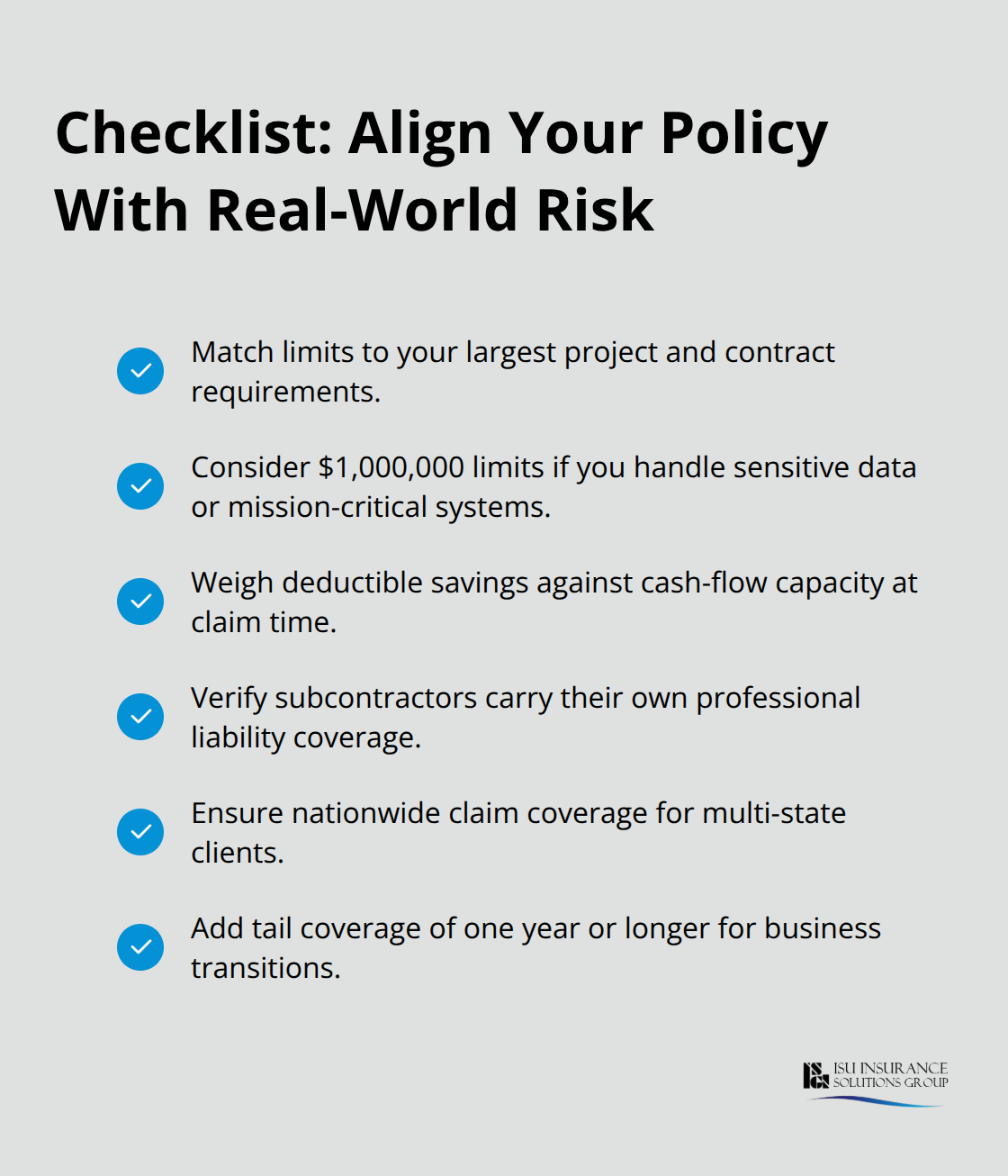 Action checklist for selecting IT professional liability limits, deductibles, and endorsements