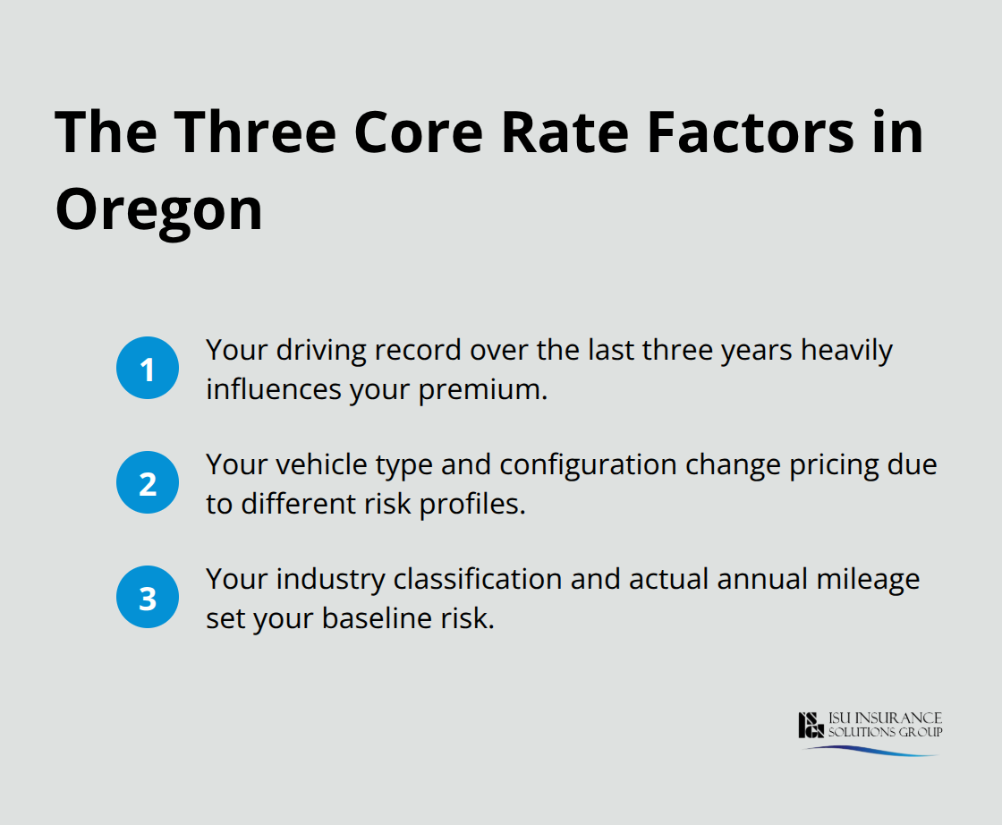 Visual summary of the three primary commercial auto rate factors in Oregon commercial auto pricing