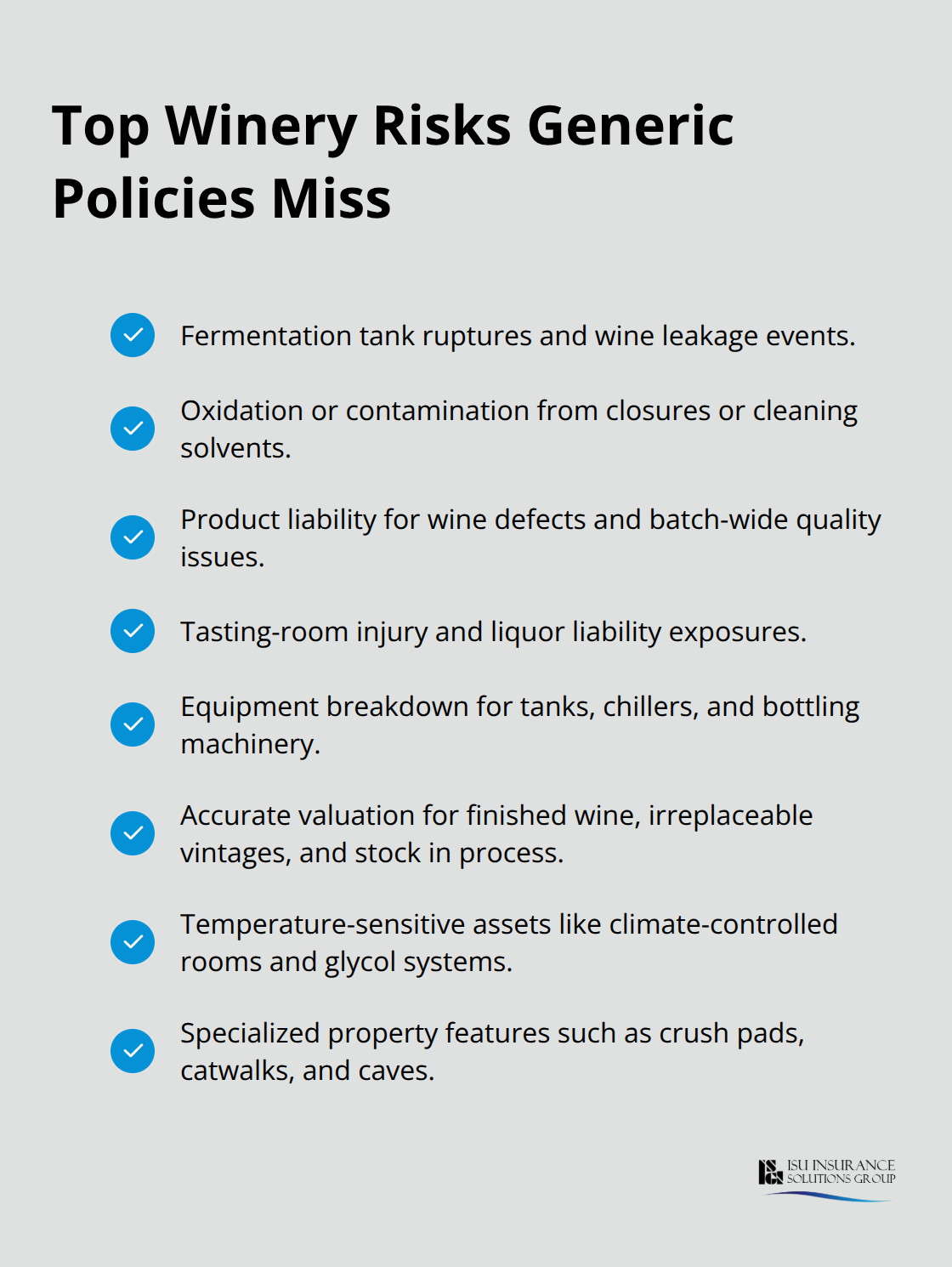 Checklist of winery-specific risks often excluded by standard business insurance policies.