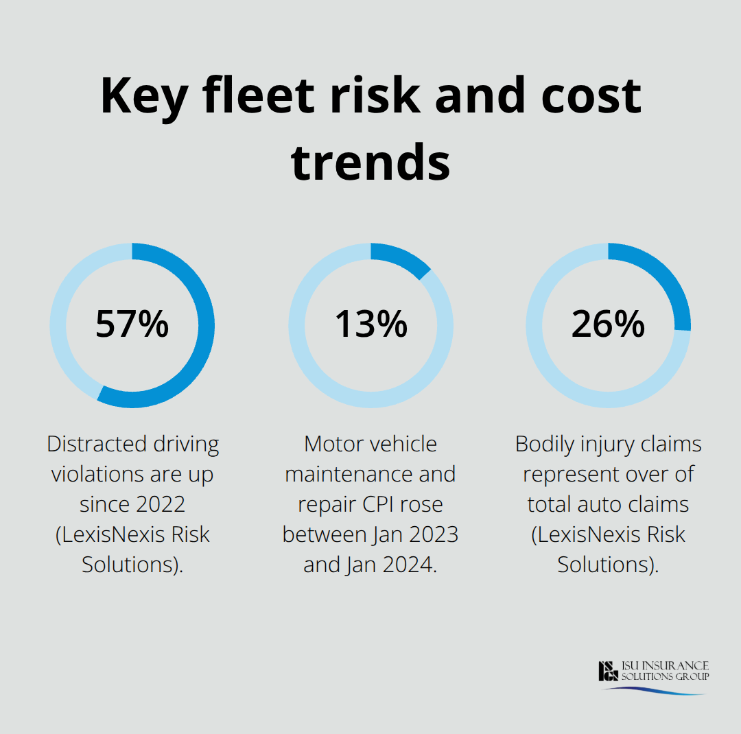 Chart showing rising distracted driving violations, repair cost inflation, and bodily injury claim share.