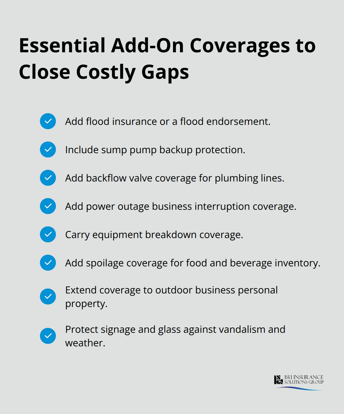 Checklist of critical endorsements for pubs in Washington and Oregon, including flood, power outage, spoilage, and equipment breakdown.